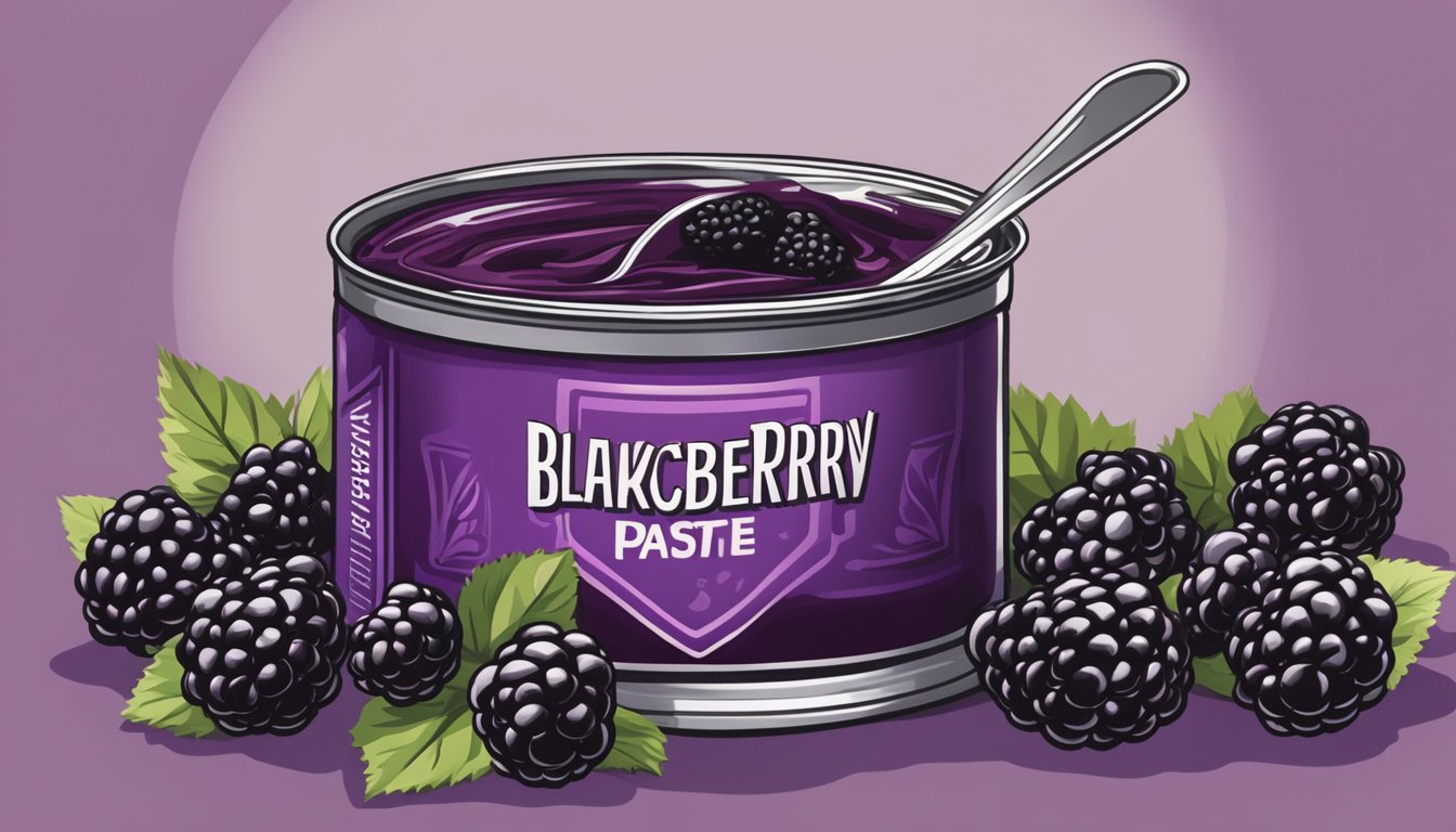 A can of blackberry paste sits open, its contents spoiled and discolored. The once vibrant purple paste has turned a dull brown, emitting a foul odor