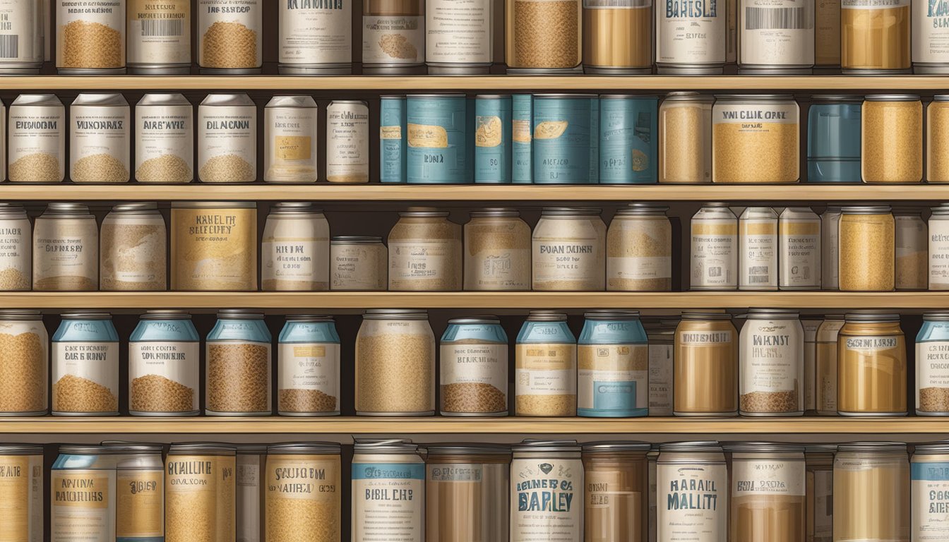 A pantry shelf with rows of canned barley malt syrup, some with expiration dates clearly visible