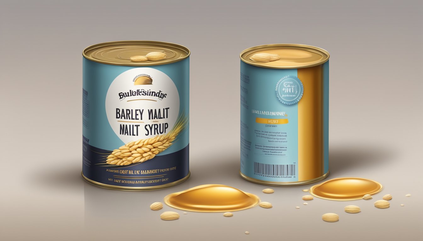 A can of barley malt syrup with visible signs of spoilage and quality degradation, such as bulging, rust, and leaking