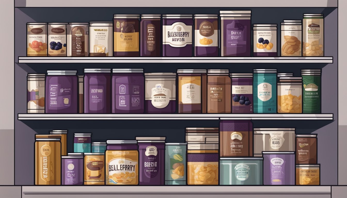 A pantry shelf with neatly organized canned goods, including a can of blackberry paste with a visible expiration date