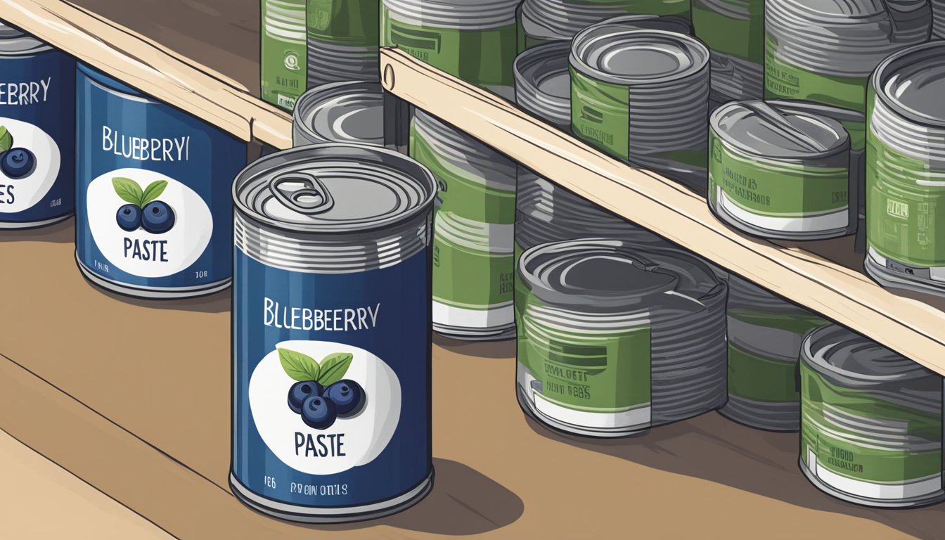 A can of blueberry paste sits on a shelf, surrounded by other canned goods. The label indicates the expiration date, and the can appears unopened