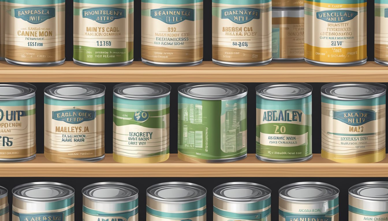 A pantry shelf with neatly organized rows of canned barley malt syrup, with expiration dates clearly labeled on each can