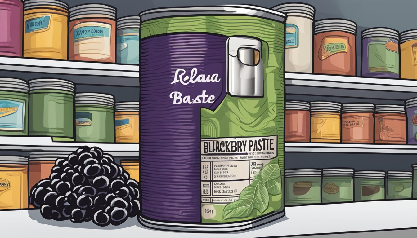 A can of blackberry paste sits on a pantry shelf, surrounded by other canned goods. The label indicates the expiration date, and the can appears unopened and undamaged