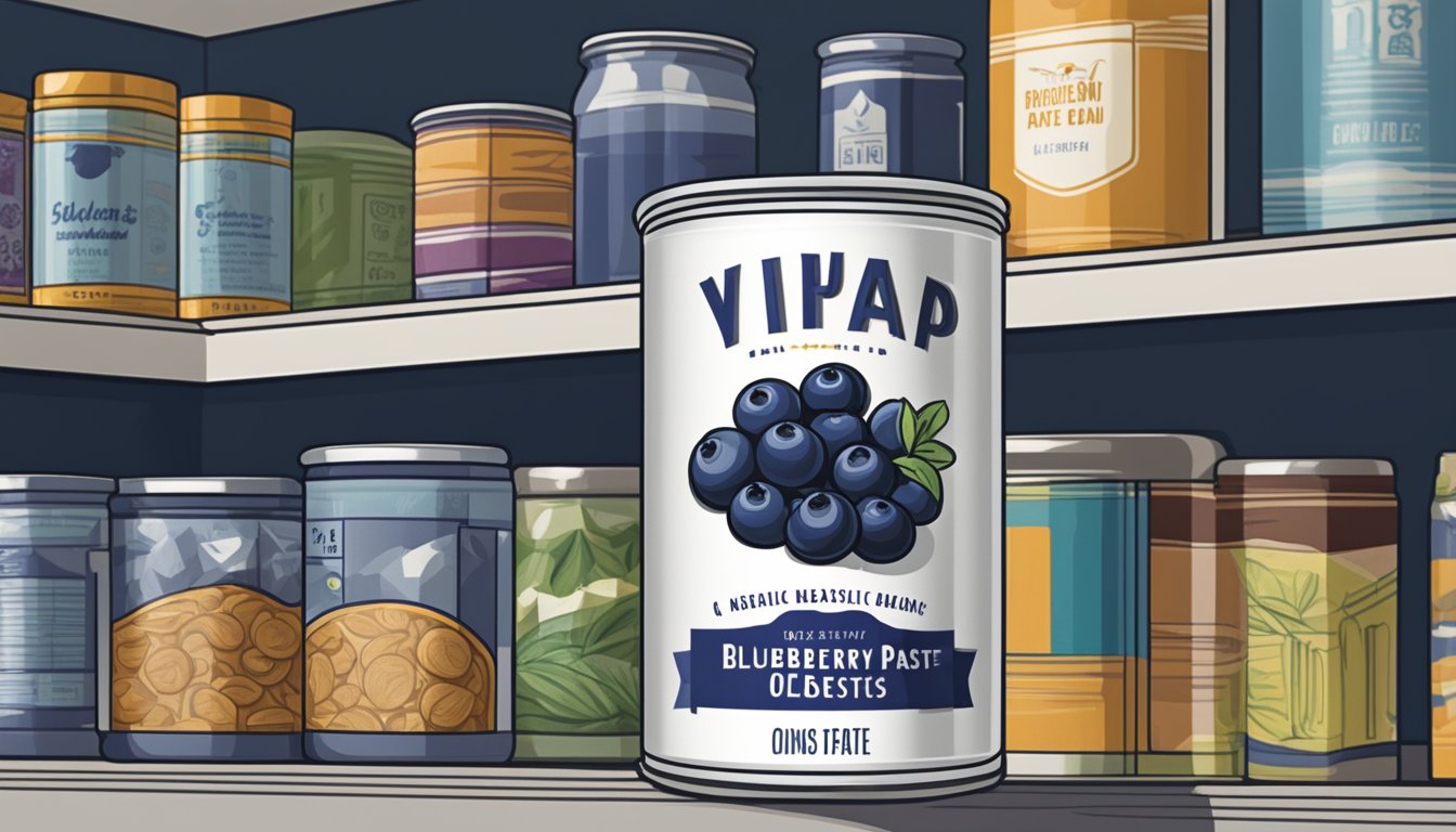 A can of blueberry paste sits on a shelf, surrounded by other canned goods. The label indicates the expiration date, and the can is unopened