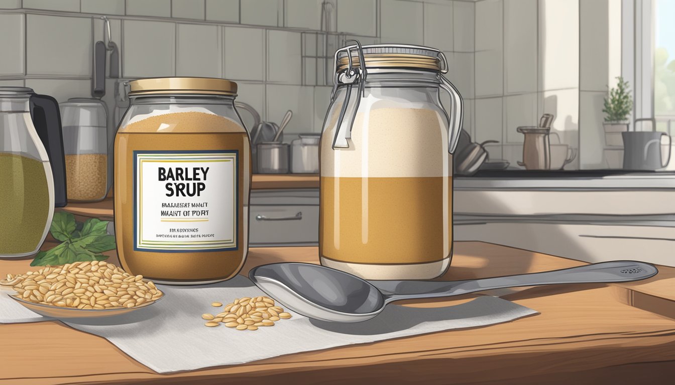 A jar of barley malt syrup sits on a kitchen counter, next to a bowl of ingredients and a measuring spoon. The label on the jar indicates the expiration date