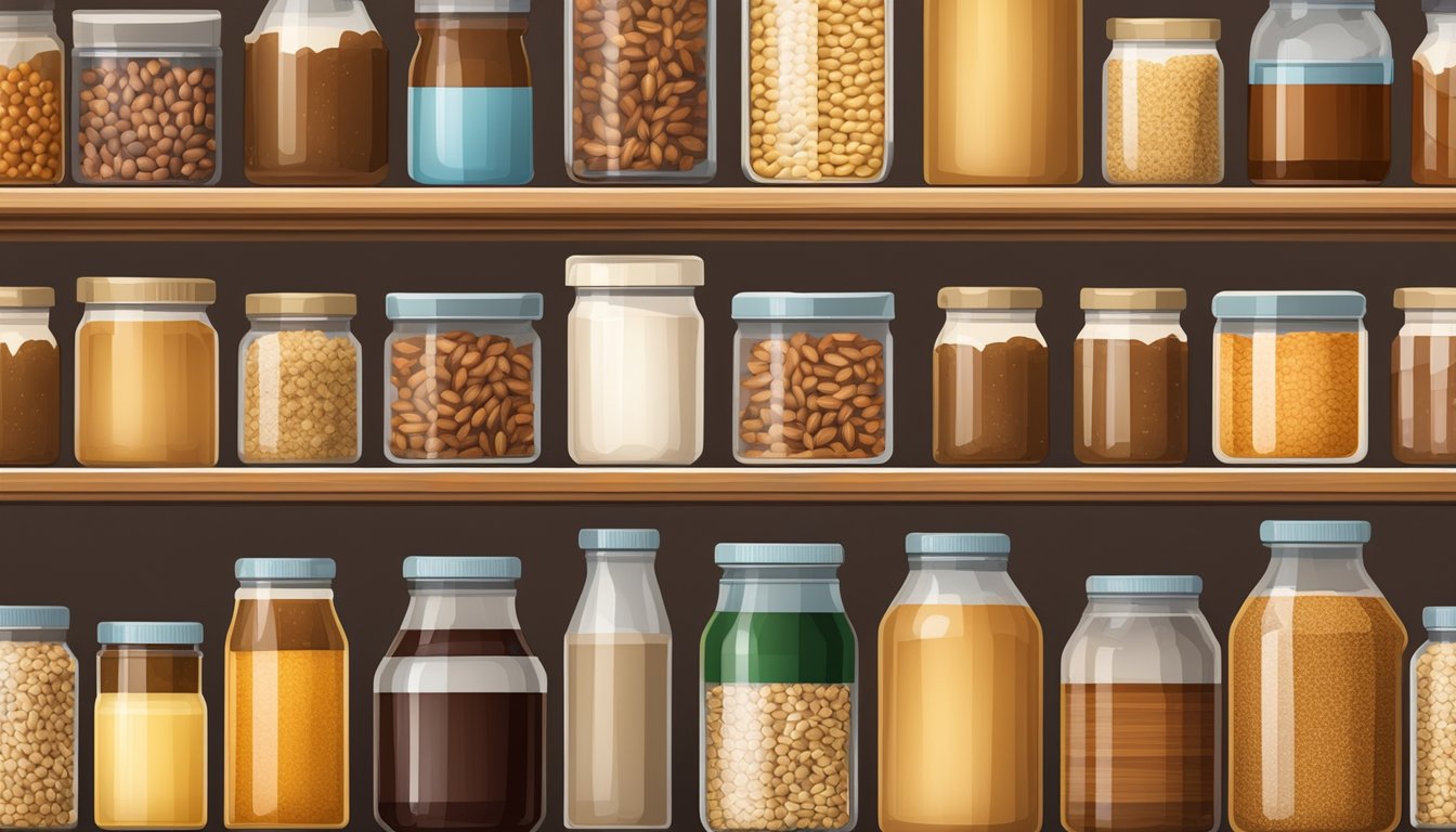 A pantry shelf with a row of canned barley malt syrup, surrounded by various whole grains and nuts