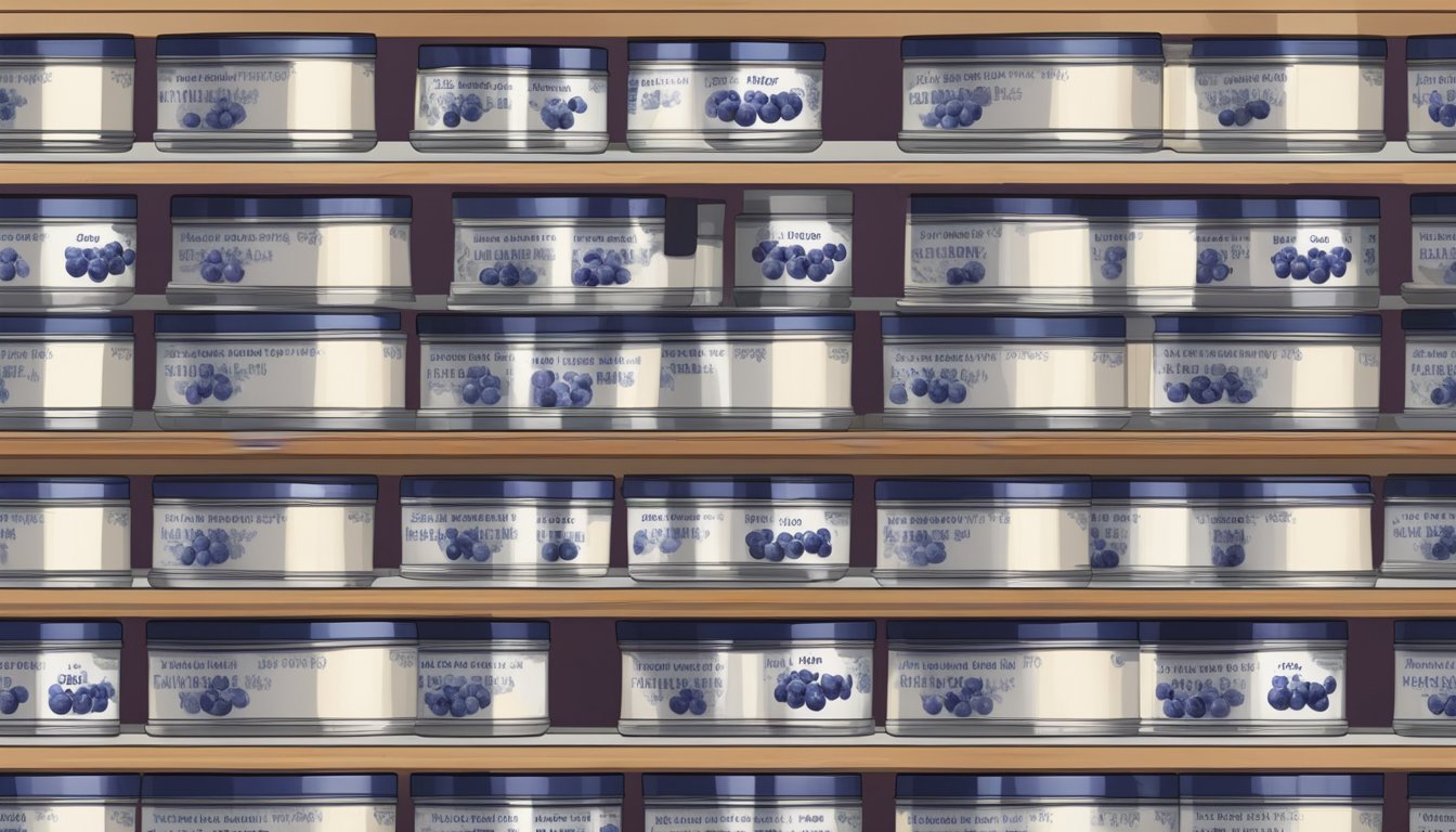 A pantry shelf with a row of neatly stacked canned blueberry paste, with expiration dates clearly labeled