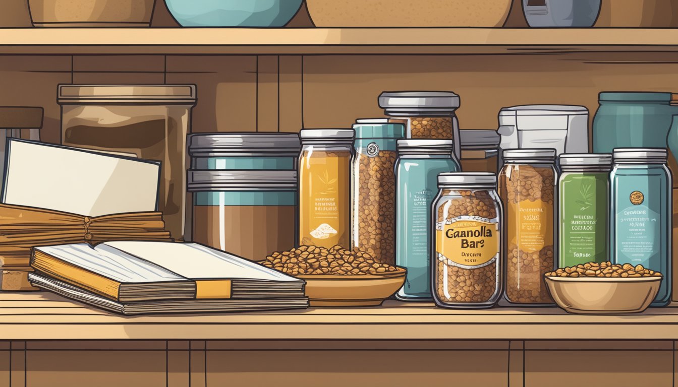 A pantry shelf with various canned ingredients, including a jar of barley malt syrup, alongside a recipe book open to a page on making homemade granola bars