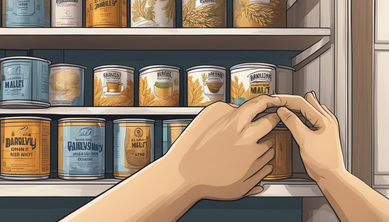 A hand reaches for a can of barley malt syrup on a pantry shelf, while another can sits nearby, unopened