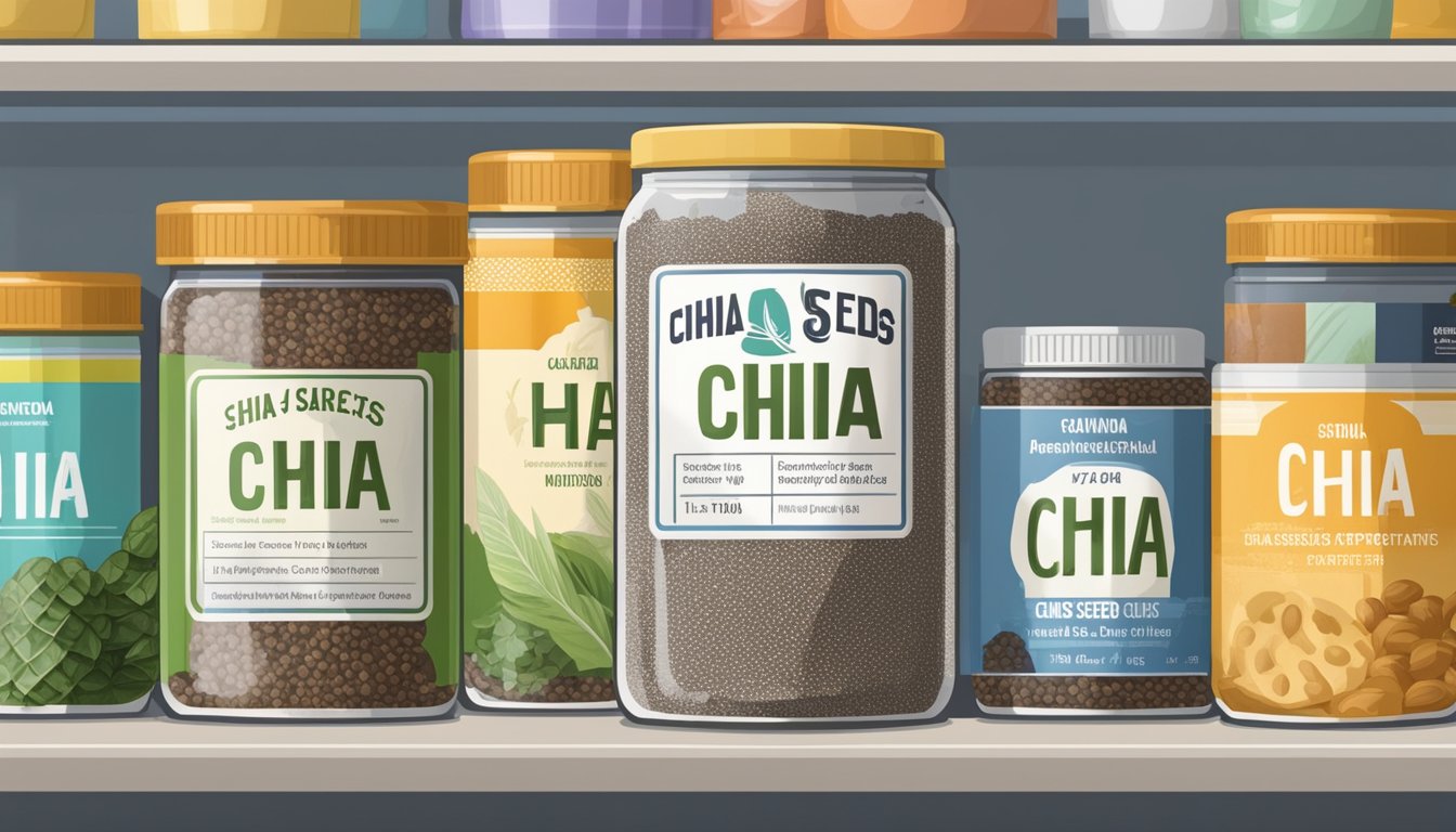 A can of chia seeds sits on a shelf, surrounded by other pantry items. The label indicates the nutritional profile and expiration date