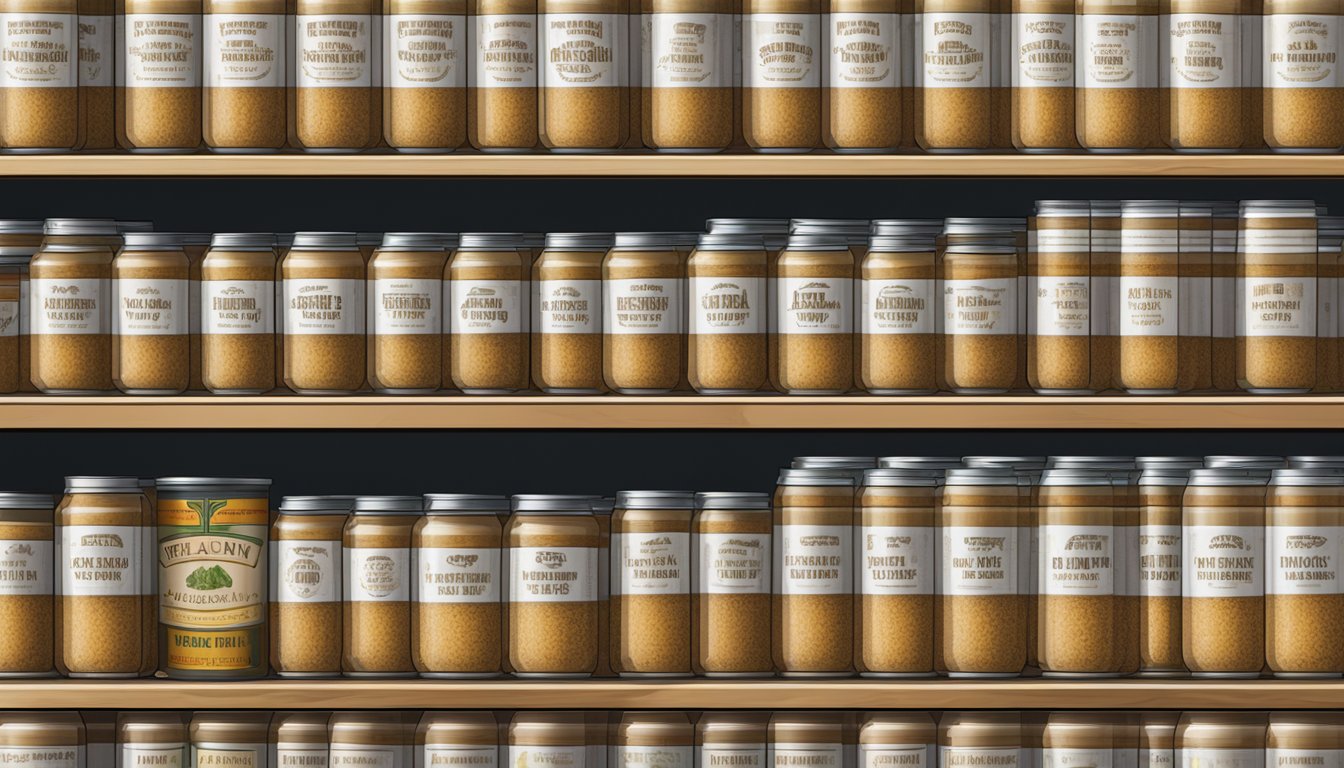 A pantry shelf with rows of canned barley malt syrup, some with expiration dates visible