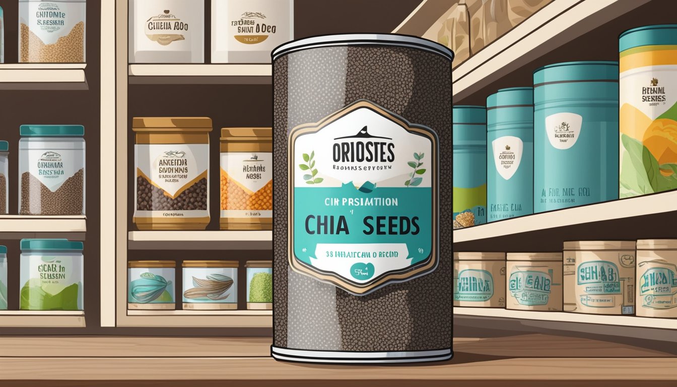 A can of chia seeds sits on a shelf, surrounded by other pantry items. The label indicates the expiration date, while the seeds inside remain dry and intact