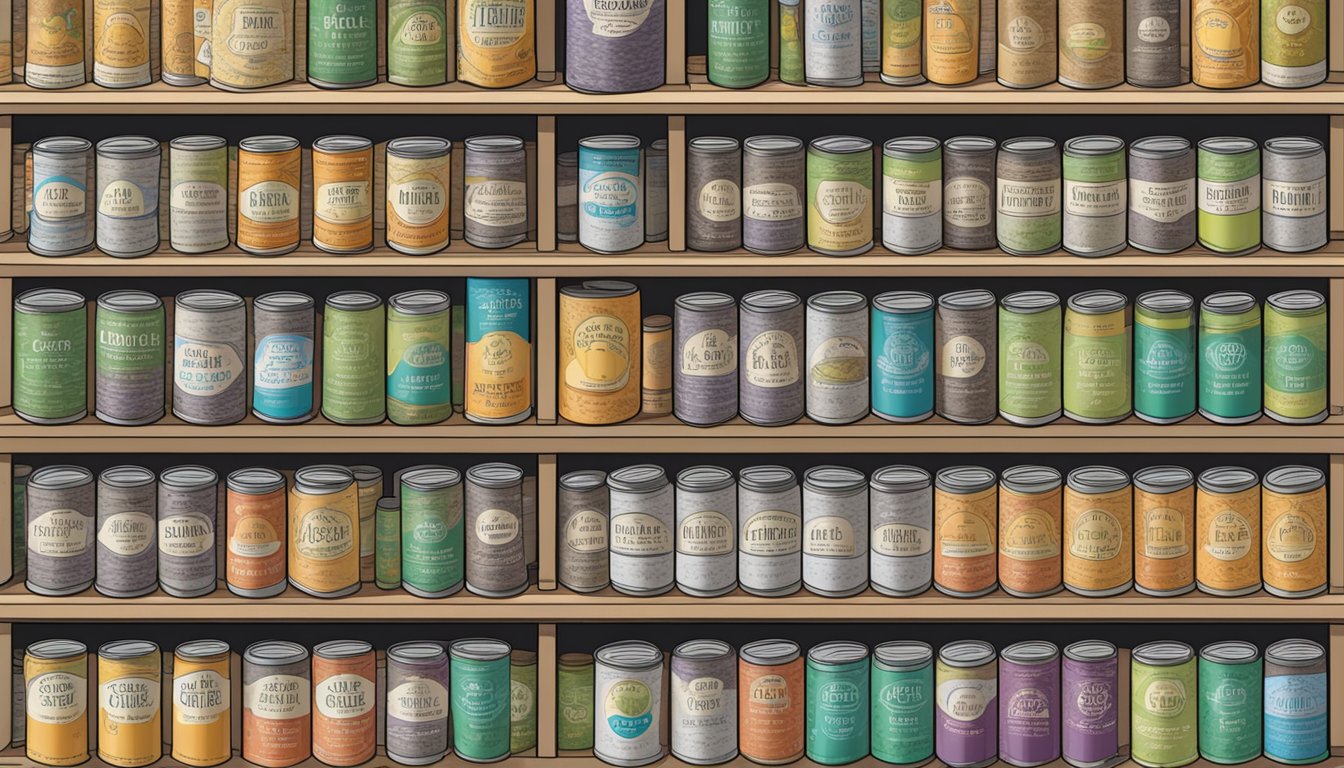 A pantry shelf filled with neatly organized rows of canned chia seed fiber, with expiration dates clearly marked on the labels