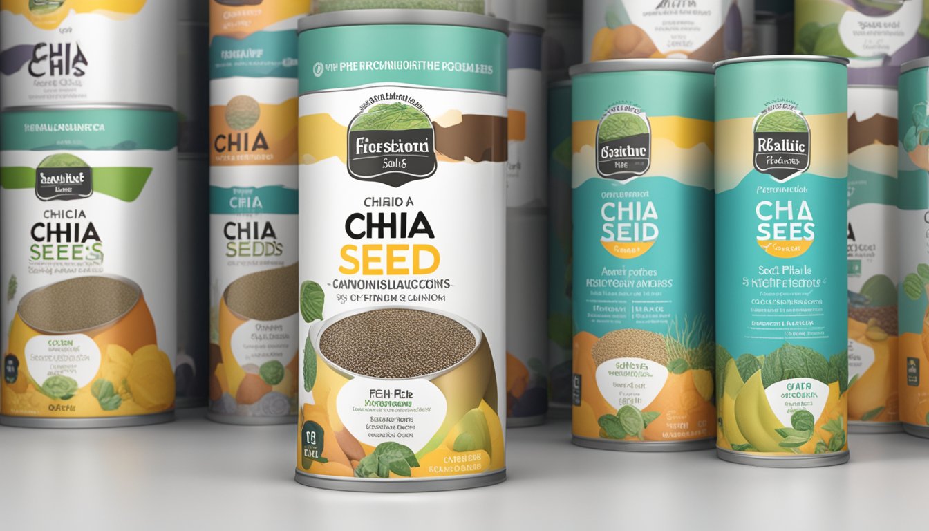 A can of chia seeds sits on a shelf next to other seed cans. The label indicates high fiber content