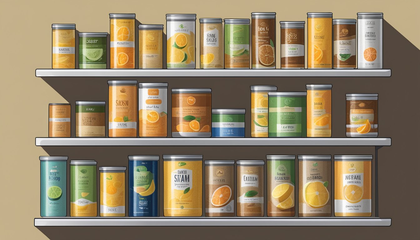 A pantry shelf with various canned citrus fiber products lined up, displaying different expiration dates