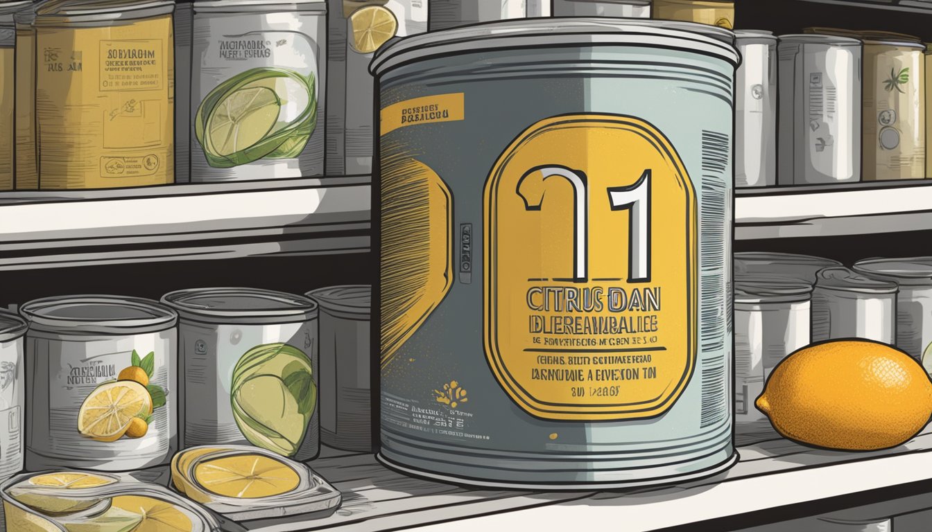 A sealed can of citrus fiber sits on a shelf, surrounded by other canned goods. The label indicates the expiration date, and the can appears undamaged