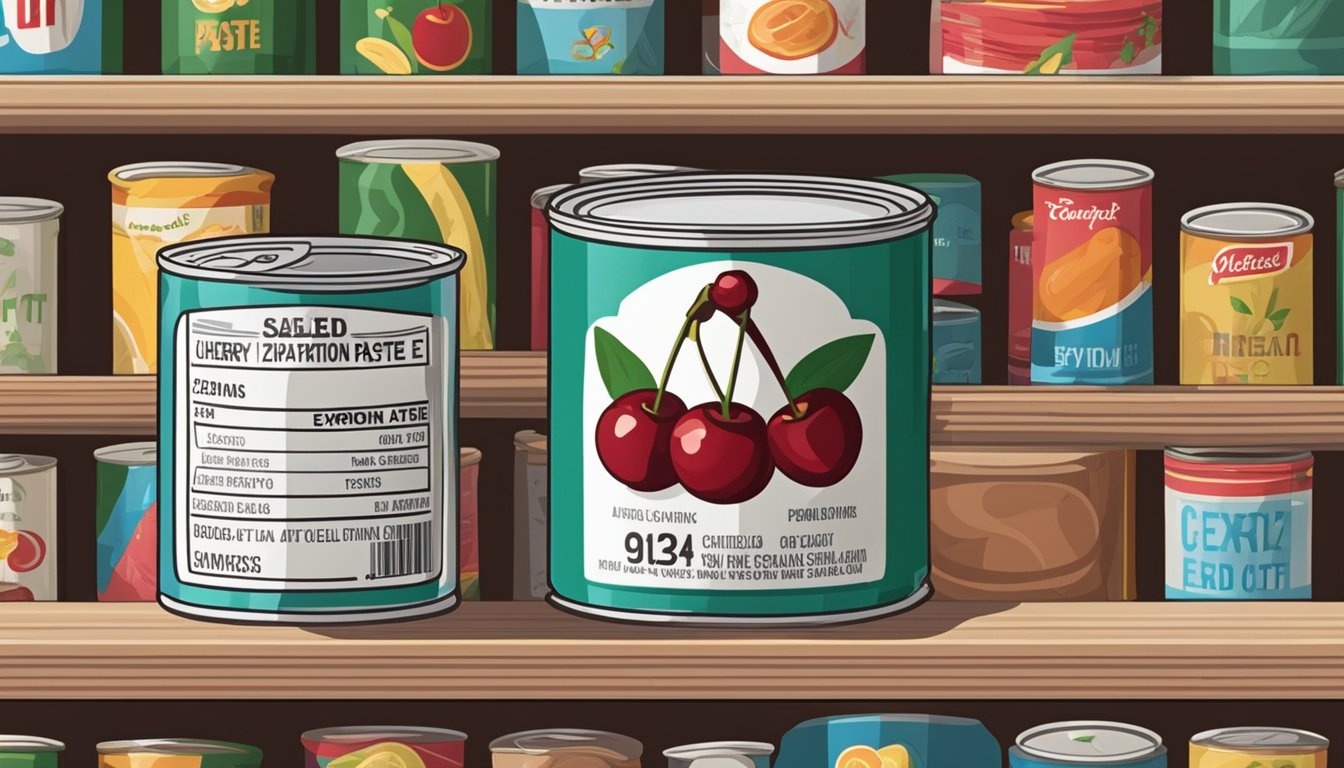 A sealed can of cherry paste sits on a shelf, surrounded by other canned goods. The label indicates the expiration date