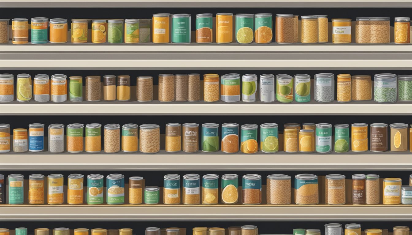 A pantry shelf with neatly organized rows of canned citrus fiber, some with expiration dates visible