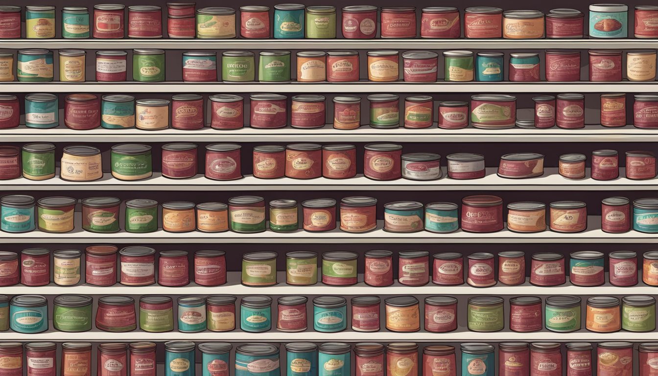 A pantry shelf with rows of canned cherry paste, some with expiration dates, and others showing signs of spoilage