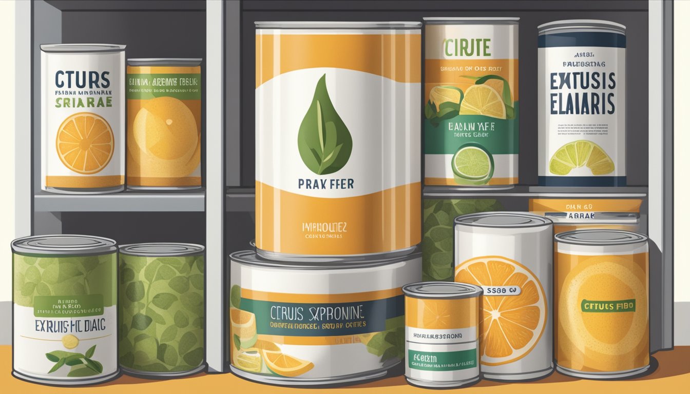 A can of citrus fiber sits on a shelf, surrounded by other canned goods. The label indicates the expiration date and storage guidelines