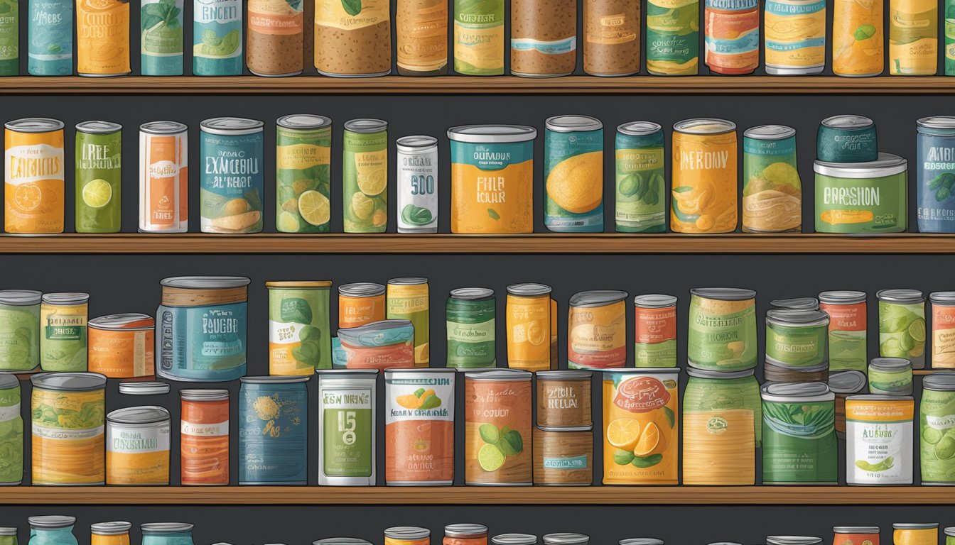 A shelf with various canned goods, including citrus fiber, with expiration dates visible