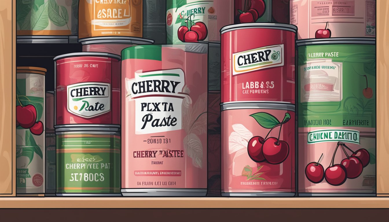 A can of cherry paste sits on a shelf, surrounded by other canned goods. The expiration date is visible on the label