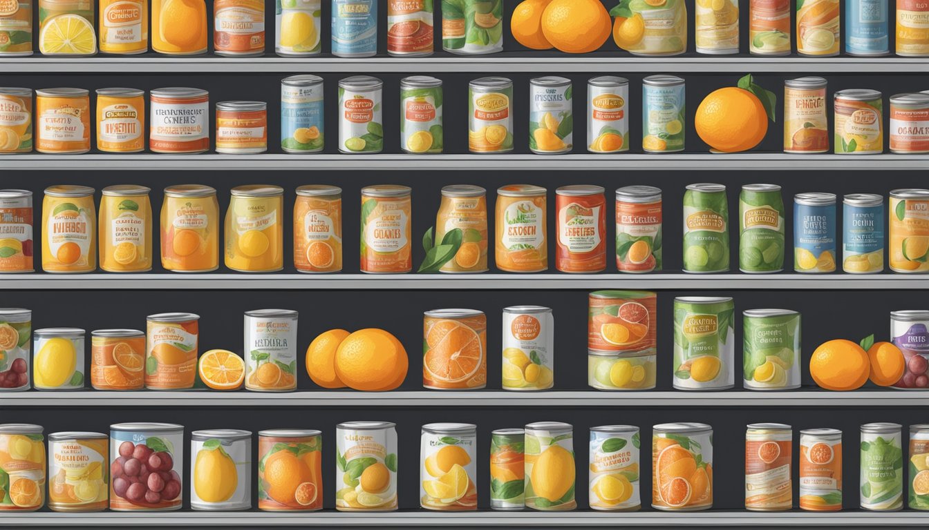 A pantry shelf with assorted canned citrus products, including oranges, lemons, and grapefruits, with expiration dates clearly visible on the labels