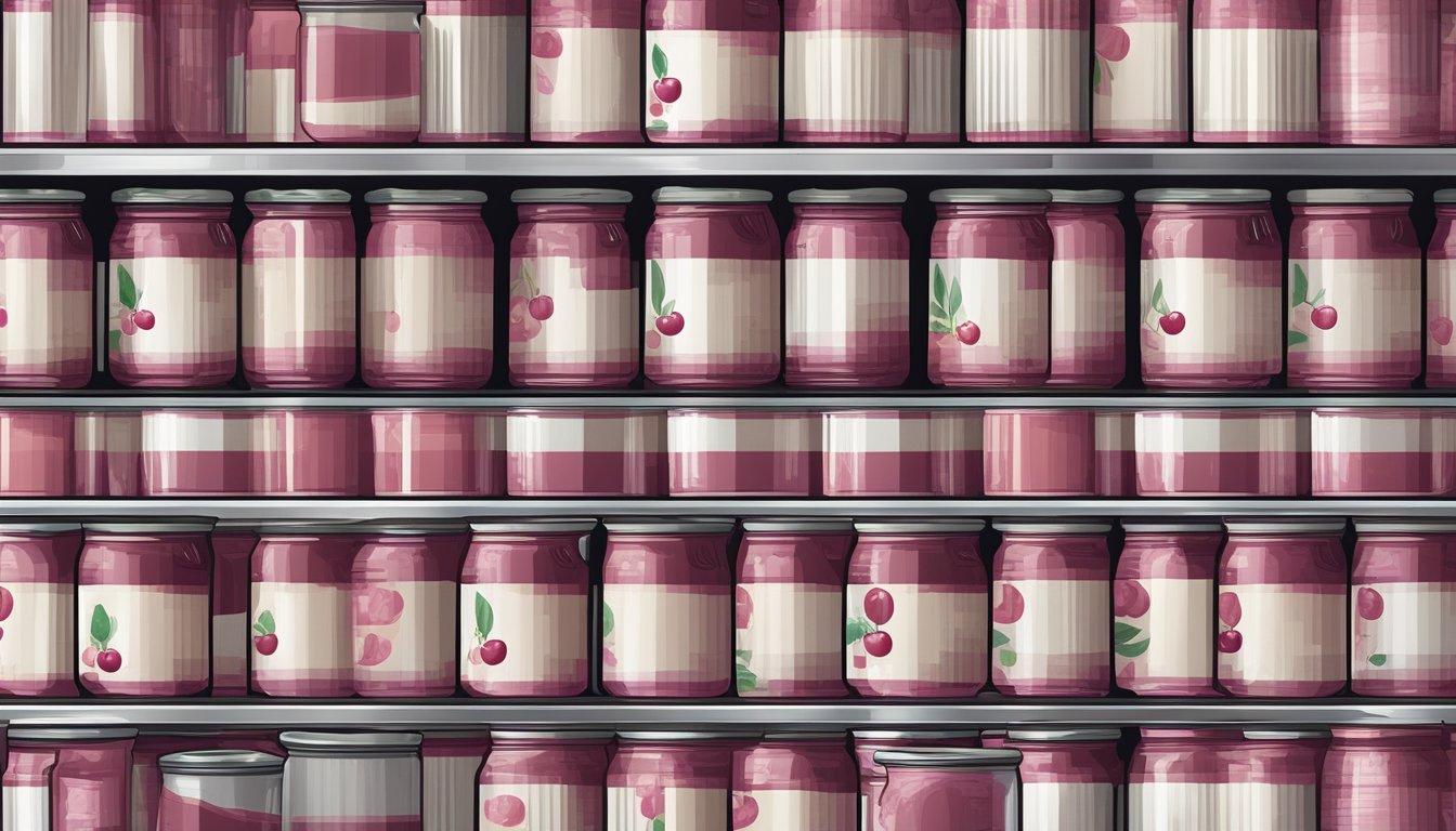 A shelf with canned cherry paste, expiration date visible