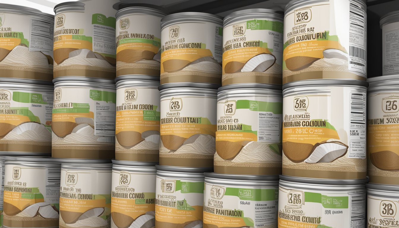 A stack of canned coconut fiber sits on a shelf, with expiration dates printed on the labels