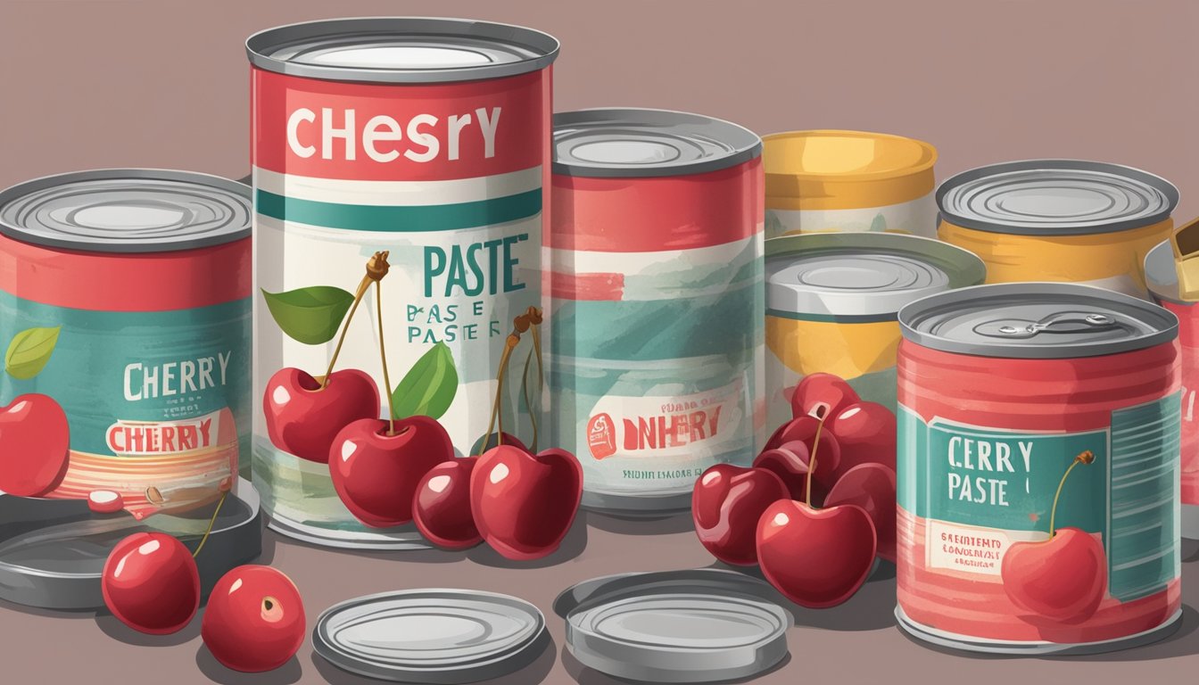 A can of cherry paste with a faded and peeling label, surrounded by various expired canned goods