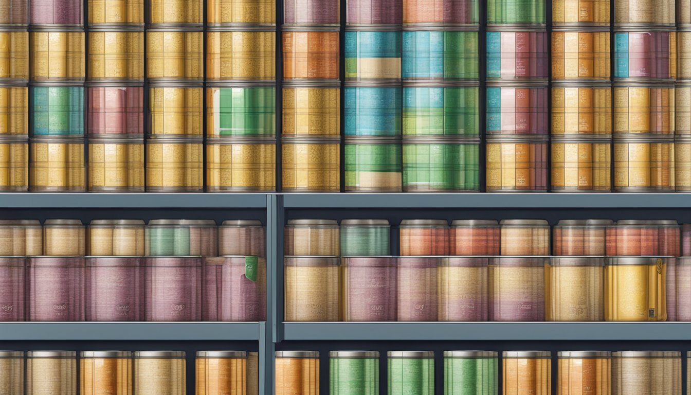 A shelf with rows of canned coconut fiber, some with expiration dates