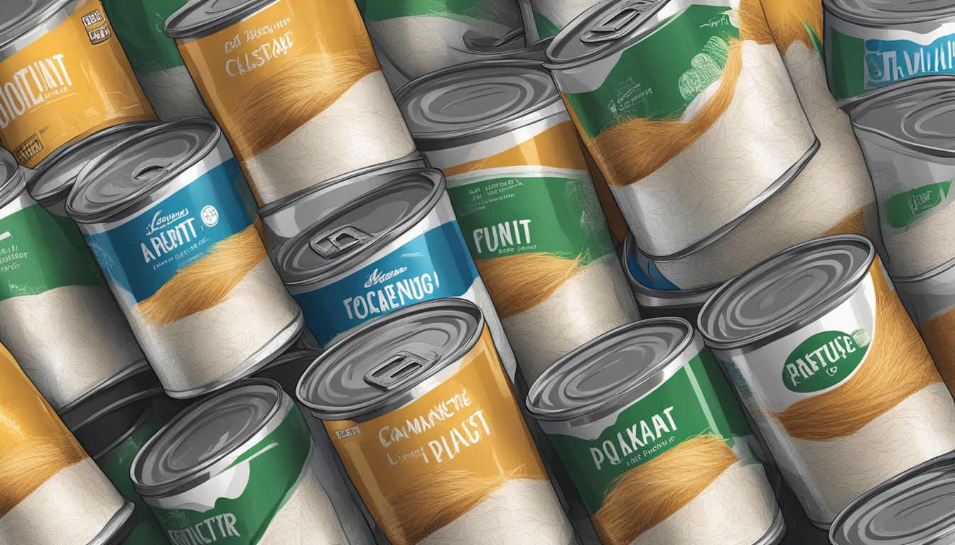 A pile of canned coconut fiber sitting on a shelf, with some cans showing signs of rust and leakage