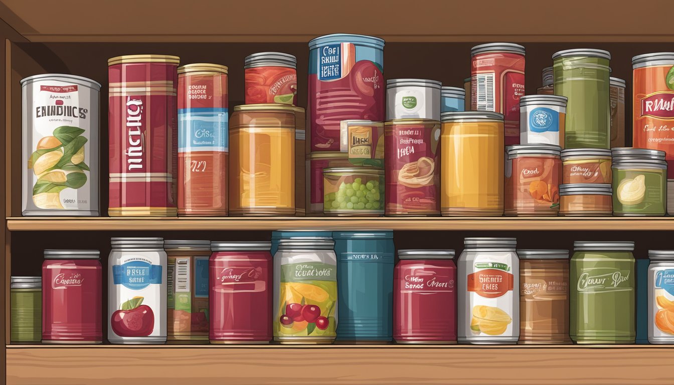 A pantry shelf with various canned goods, including a can of cherry paste. Expiration date visible on the label