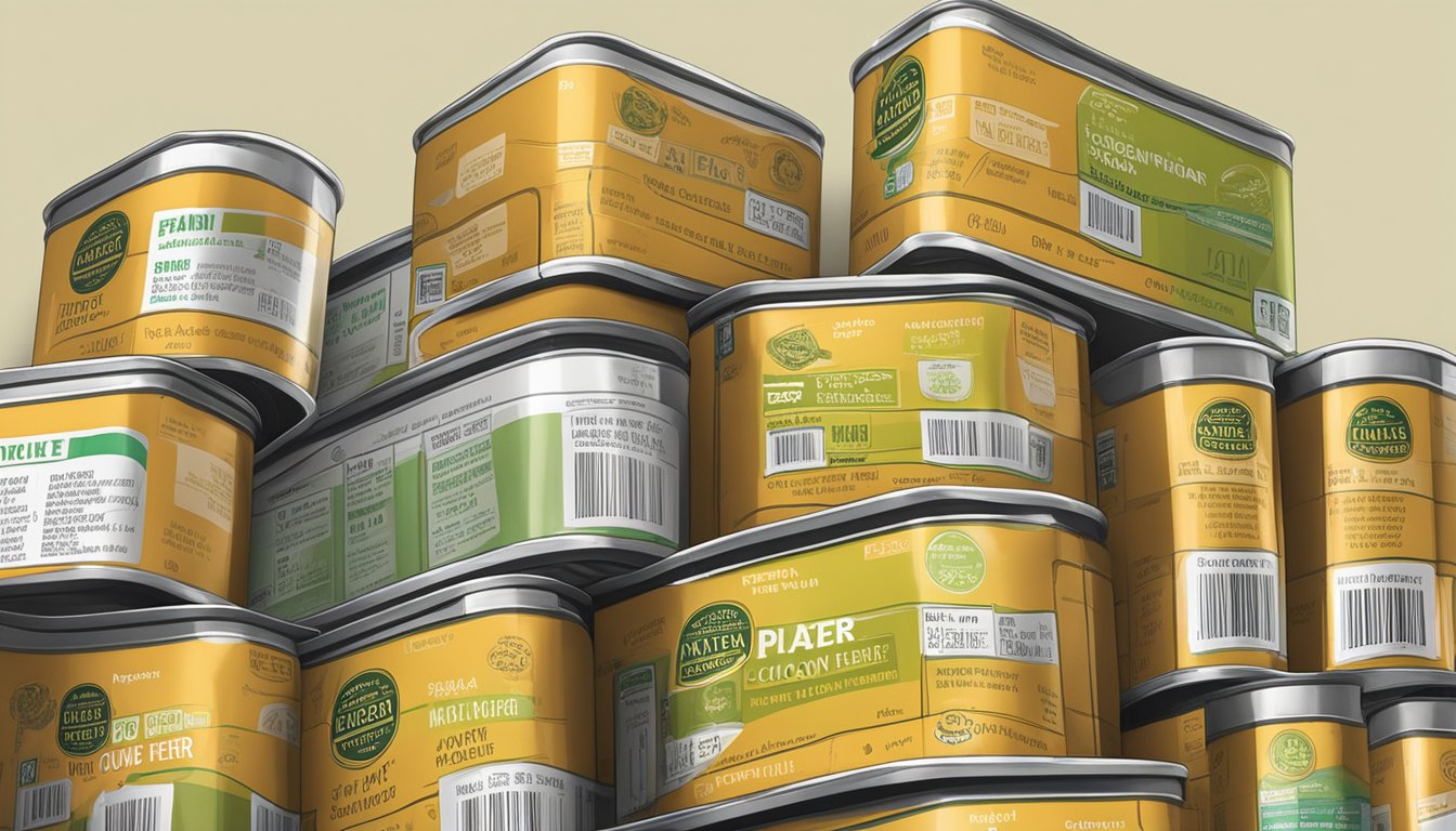 A stack of canned coconut fiber on a shelf, with expiration dates clearly visible on the labels