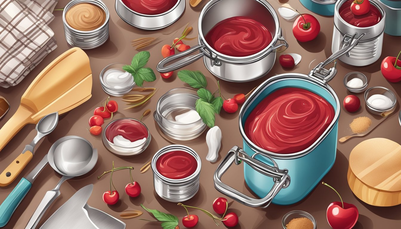 A colorful kitchen counter with an open can of cherry paste, surrounded by various cooking utensils and ingredients