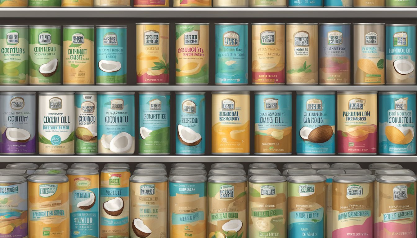 A pantry shelf with a row of canned coconut oil, some unopened and others partially used, with expiration dates clearly labeled on each can