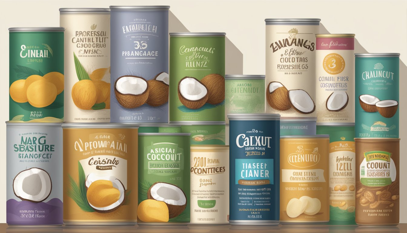 A row of various canned goods, including coconut fiber, with expiration dates visible