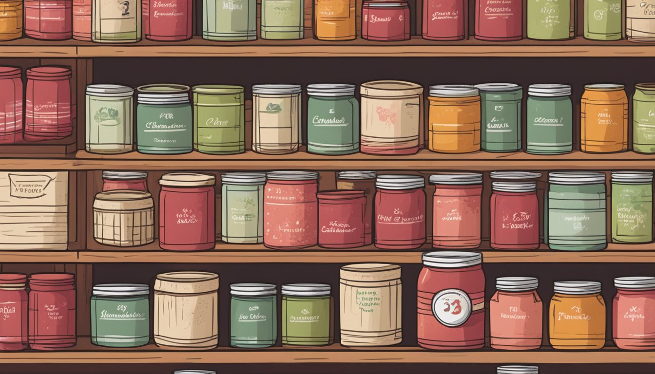 A row of canned cherry paste on a wooden shelf, surrounded by jars of homemade alternatives. Dusty labels indicate varying expiration dates