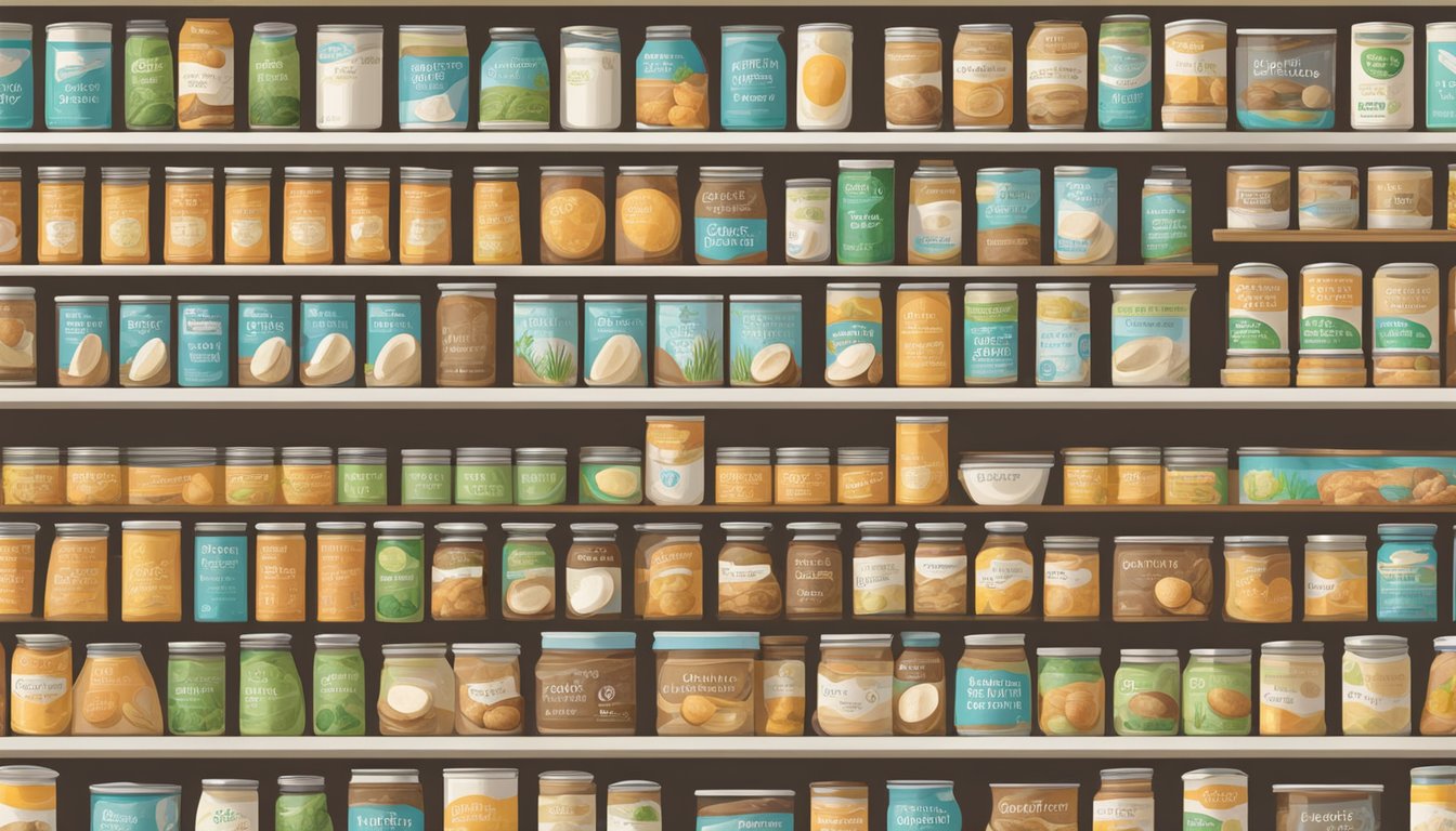 A pantry shelf with rows of neatly organized canned coconut oil, some with expiration dates clearly visible