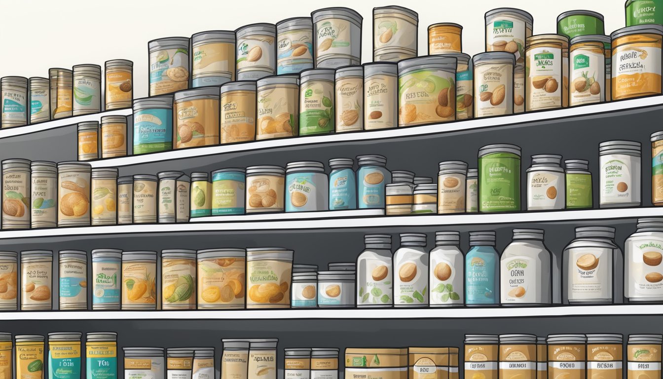 A pantry shelf with a row of canned coconut oil, some unopened and others partially used, with expiration dates visible