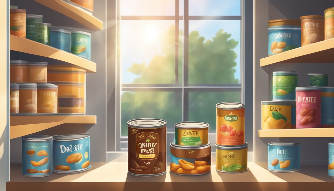 A sealed can of date paste sits on a pantry shelf, surrounded by other canned goods. Rays of sunlight filter through the window, casting a warm glow on the label