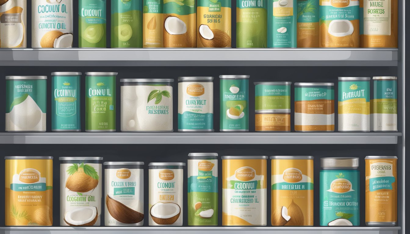 A pantry shelf with a row of canned coconut oil, some unopened and others partially used, with varying expiration dates