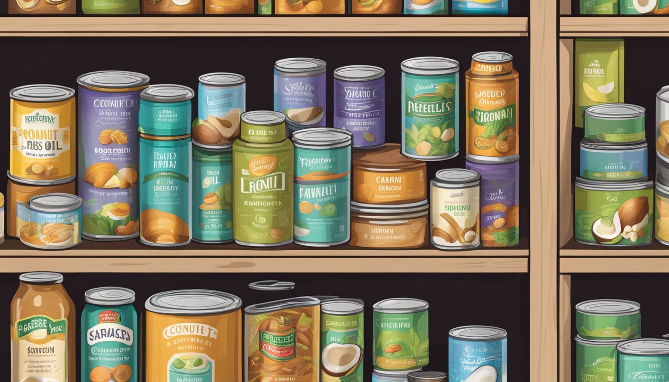 A pantry shelf with a variety of canned food items, including a prominently displayed can of coconut oil