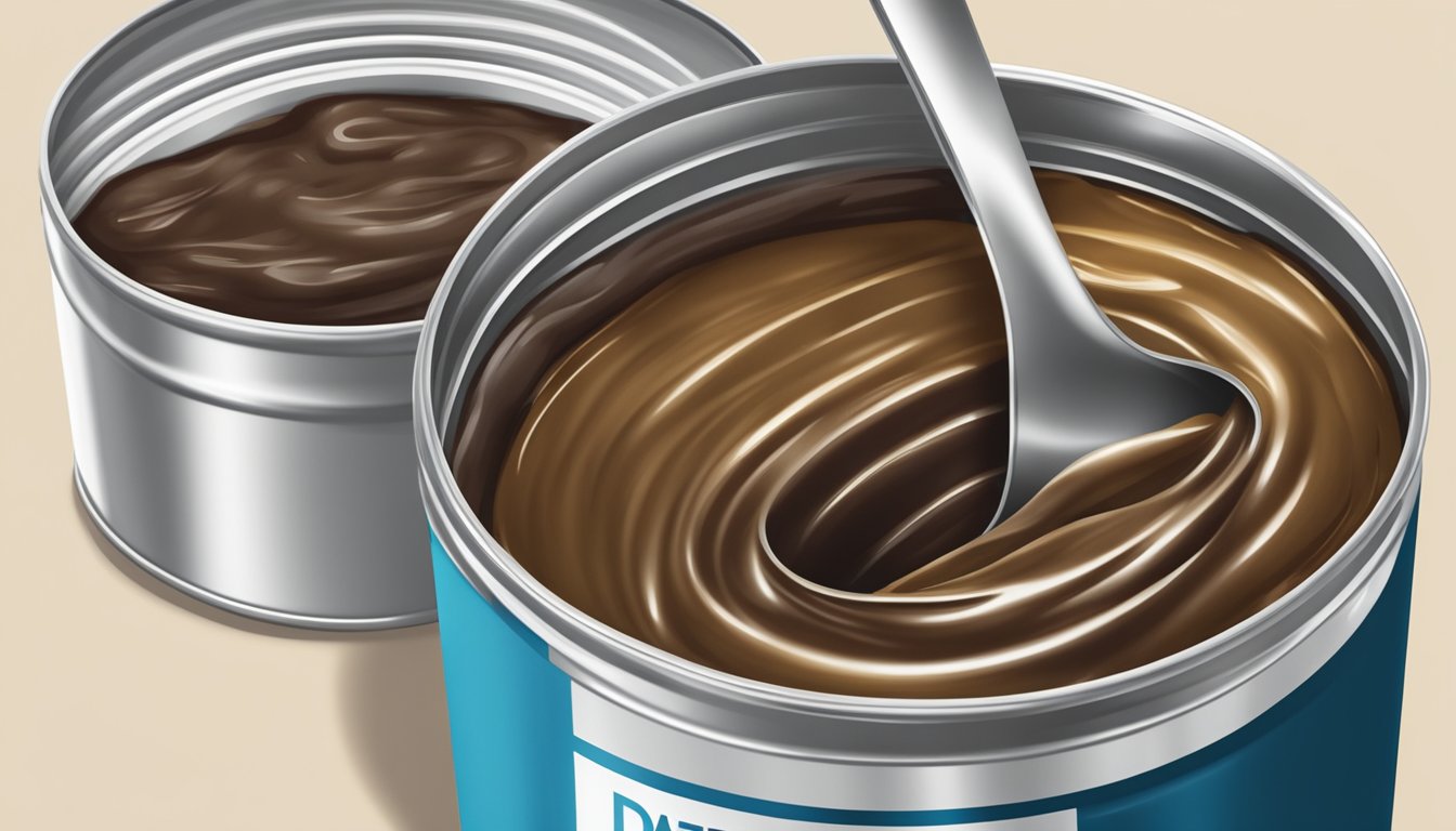 An open can of date paste with visible signs of spoilage, such as mold or discoloration, sitting on a kitchen counter