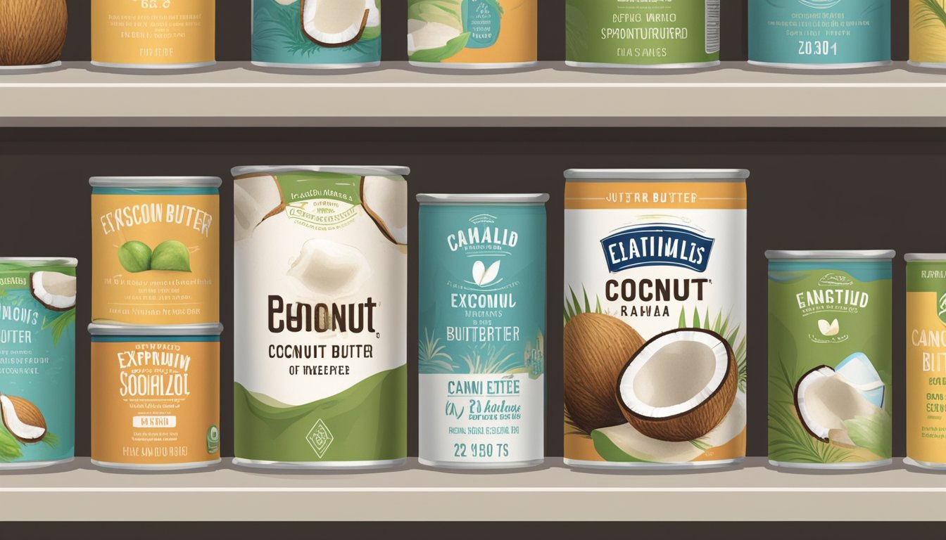 A can of coconut butter sits on a shelf, surrounded by other canned goods. The label displays the expiration date, while the can appears undisturbed and in good condition