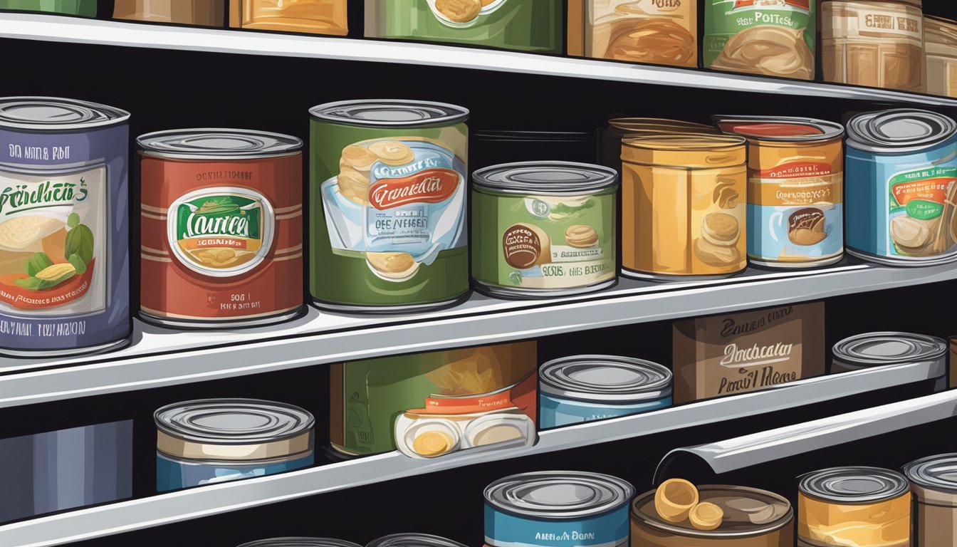 A pantry shelf with various canned goods, including a tin of date paste, with expiration dates clearly visible