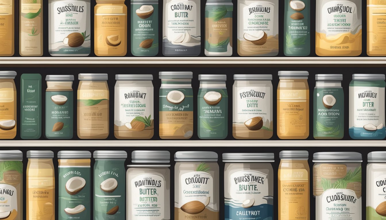 A pantry shelf with rows of neatly organized canned coconut butter, stored in a cool, dark, and dry environment