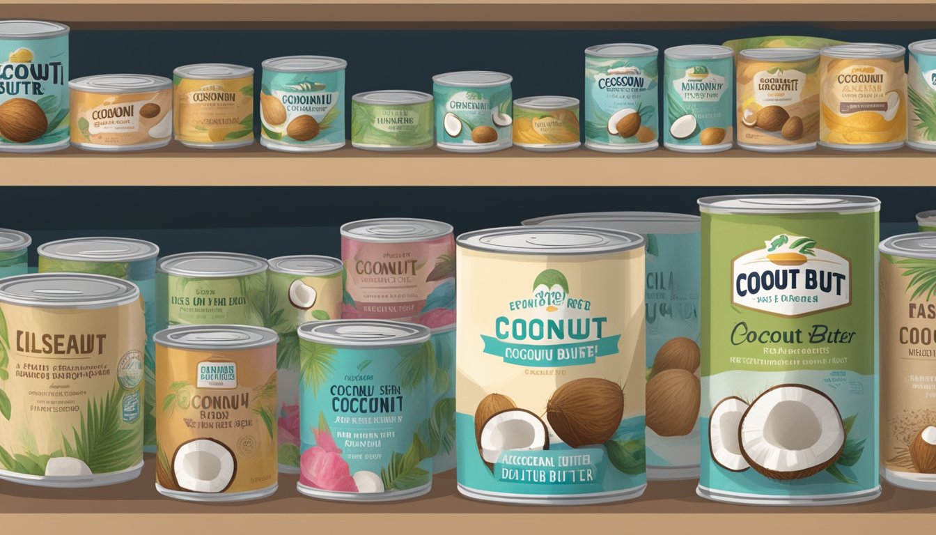 A can of coconut butter sits on a shelf, surrounded by other canned goods. The expiration date is clearly visible on the label