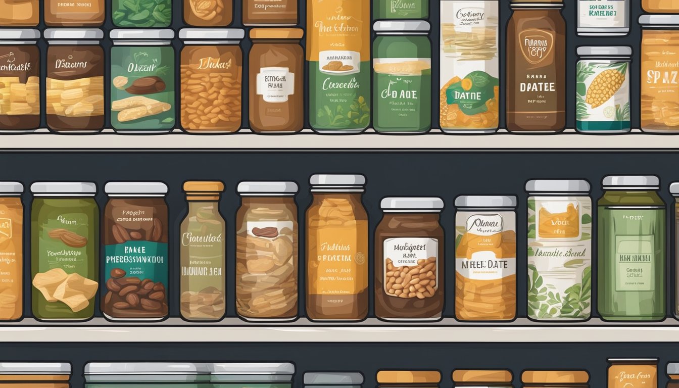 A pantry shelf with neatly organized canned goods, including a labeled can of date paste, surrounded by other preserved food items