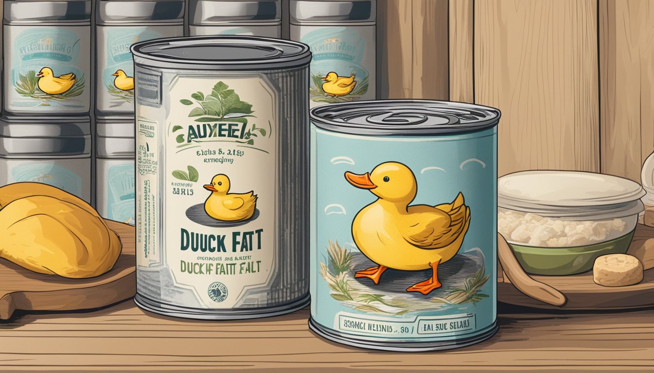 A can of duck fat sits on a shelf, unopened and sealed. The label shows the expiration date, surrounded by images of ducks and cooking utensils